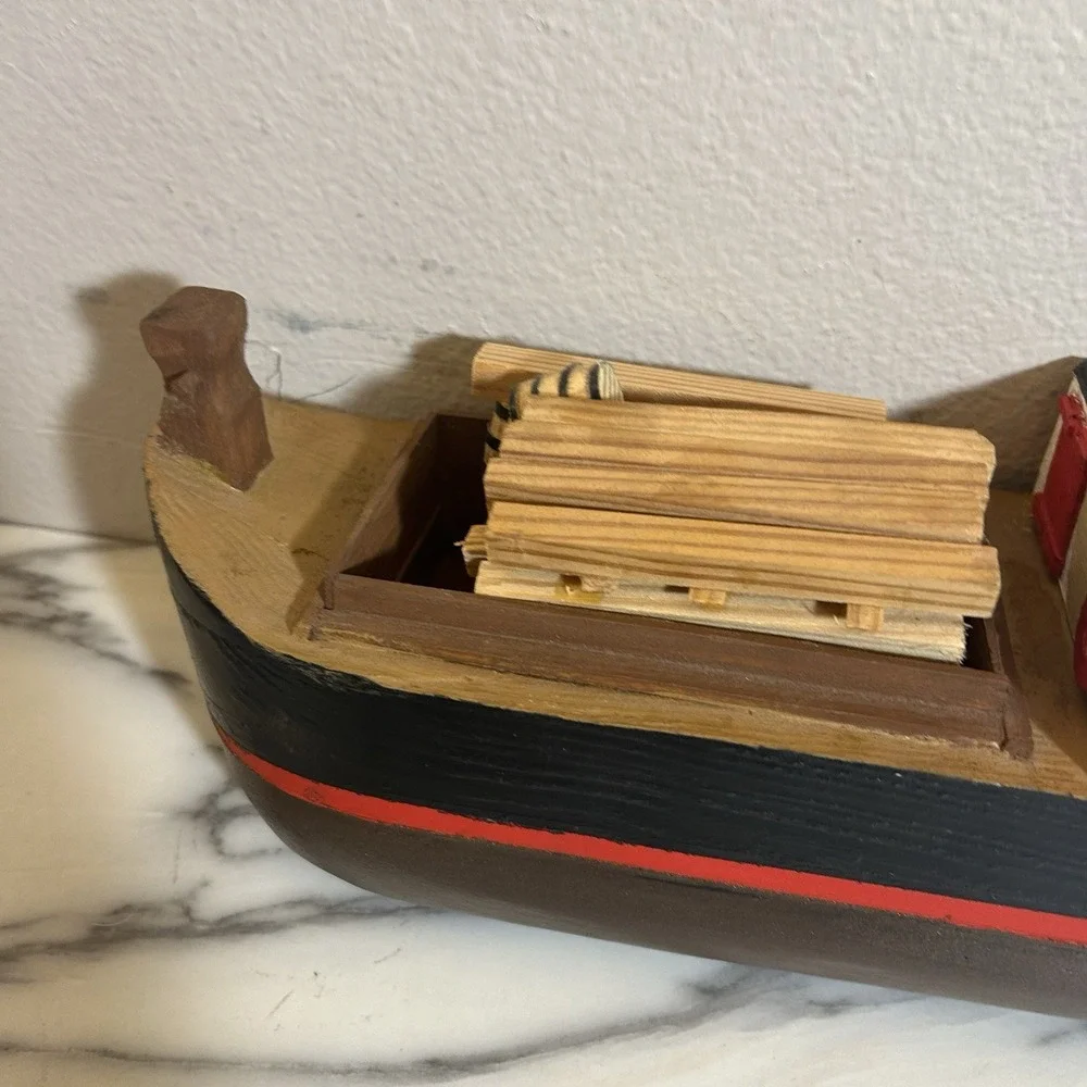 Handmade Vintage Freight Cargo Ship Boat Wooden‎ Toy W' Barrels Logs 15x5